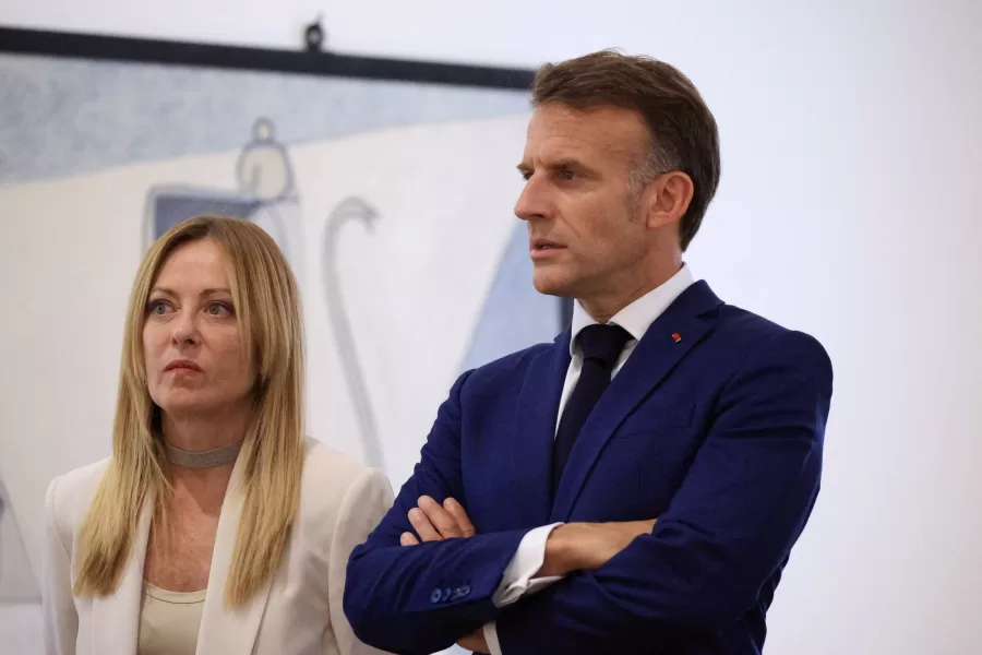French President Emmanuel Macron and Italian Prime Minister Giorgia Meloni, left, listen to explanation during a visit to the Picasso Museum as part of a Franco-Italian summit in Antibes, in Antibes, southern France, Thursday, June 25, 2026. (Manon Cruz/Pool Photo via AP)