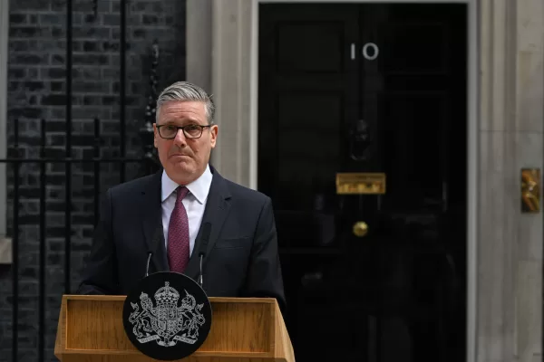 Britain’s Prime Minister Keir Starmer speaks to the media outside 10 Downing Street to announce his resignation in London, Monday, June 22, 2026.(AP Photo/Thomas Krych)
