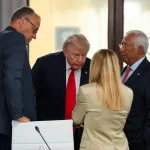 President Donald Trump, Germany’s Chancellor Friedrich Merz, European Council President Antonio Costa and Italy’s Prime Minister Giorgia Meloni attend a working lunch with leaders of G7 and the Middle East in Evian-les-Bains, France, Tuesday, June 16, 2026. (Christian Hartmann/Pool Photo via AP)





Associate Press/ LaPresse
Only Italy and Spain