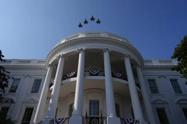 Military aircraft conduct a flyover during a Fourth of July celebration at the White House, Friday, July 4, 2025, in Washington. (AP Photo/Julia Demaree Nikhinson)