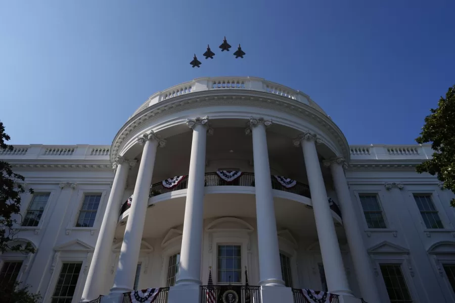 Military aircraft conduct a flyover during a Fourth of July celebration at the White House, Friday, July 4, 2025, in Washington. (AP Photo/Julia Demaree Nikhinson)