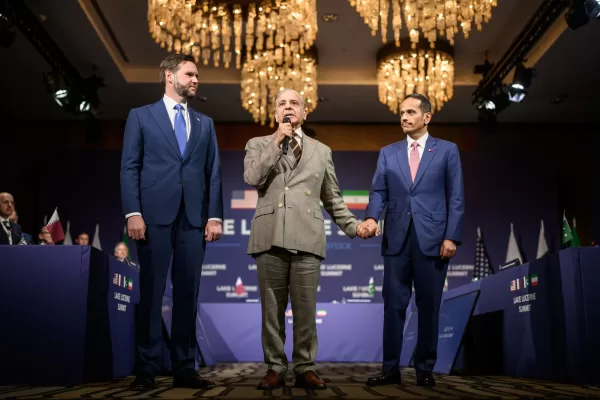 Pakistan’s Prime Minister Shehbaz Sharif, center, speaks between US Vice President JD Vance, left, and Qatar’s Prime Minister Sheikh Mohammed bin Abdulrahman bin Jassim al-Thani prior to a quadrilateral meeting between the United States, Iran, Pakistan and Qatar at the Burgenstock luxury hotel complex overlooking Lake Lucerne, Switzerland, Sunday June 21, 2026. (Fabrice Coffrini/Keystone via AP) Pakistan’s Prime Minister Shehbaz Sharif, center, speaks between US Vice President JD Vance, left, and Qatar’s Prime Minister Sheikh Mohammed bin Abdulrahman bin Jassim al-Thani prior to a quadrilateral meeting between the United States, Iran, Pakistan and Qatar at the Burgenstock luxury hotel complex overlooking Lake Lucerne, Switzerland, Sunday June 21, 2026. (Fabrice Coffrini/Keystone via AP)