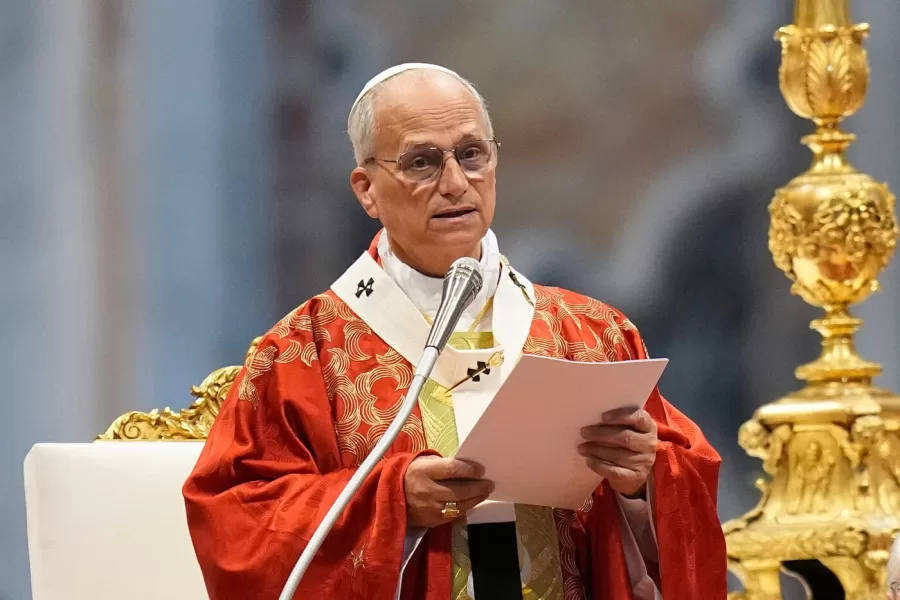 Pope Leo XIV delivers his message as he celebrates a Mass where he confers the pallium on newly appointed metropolitan archbishops, in St. Peter’s Basilica, at the Vatican, Monday, June 29, 2026. (AP Photo/Alessandra Tarantino)