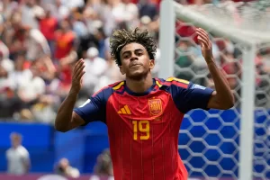 Spain’s Lamine Yamal gestures during a World Cup round of 32 soccer match against Austria in Inglewood, Calif., near Los Angeles, Thursday, July 2, 2026. (AP Photo/Andre Penner) Spain’s Lamine Yamal gestures during a World Cup round of 32 soccer match against Austria in Inglewood, Calif., near Los Angeles, Thursday, July 2, 2026. (AP Photo/Andre Penner)