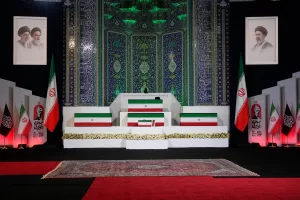 The coffins of slain Iranian Supreme Leader Ayatollah Ali Khamenei, center on top, and members of his family are displayed ahead of the dayslong funeral ceremonies at the Imam Khomeini Mosalla Grand Mosque in Tehran, Iran, Friday, July 3, 2026. (AP Photo/Vahid Salemi)