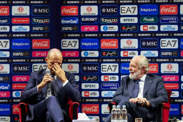 Naples, July 14, 2026. Press conference at the San Carlo Theater to present the new SSC Napoli coach, Massimiliano Allegri, pictured Giovanni Manna, Sporting Director, SSC Napoli, with club president Aurelio De Laurentiis. 
(Photo by Alessandro Garofalo/LaPresse)