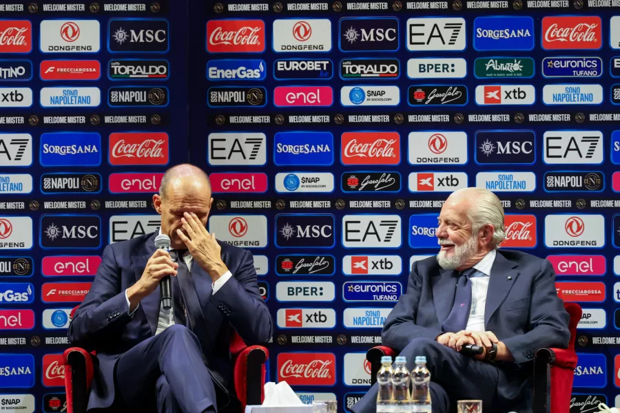 Naples, July 14, 2026. Press conference at the San Carlo Theater to present the new SSC Napoli coach, Massimiliano Allegri, pictured Giovanni Manna, Sporting Director, SSC Napoli, with club president Aurelio De Laurentiis. 
(Photo by Alessandro Garofalo/LaPresse)
