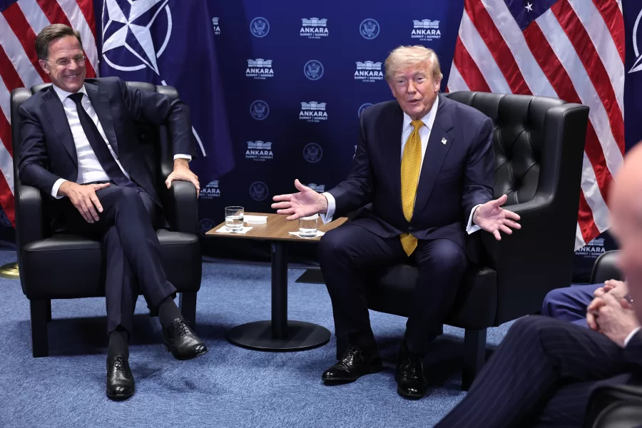 President Donald Trump, right, speaks with NATO Secretary General Mark Rutte during a meeting at the NATO summit in Ankara, Turkey, Wednesday, July 8, 2026. (Filip Singer, Pool Photo via AP)