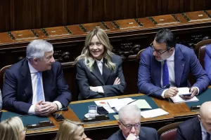 La presidente del Consiglio Giorgia Meloni, il ministro degli Esteri Antonio Tajani (sx) e il ministro delle Infrastrutture Matteo Salvini nellaula della Camera dei deputati in occasione dellinformativa sullazione del governo, Roma, Giovedì 9 Aprile 2026 (Foto Roberto Monaldo / LaPresse)
Italian premier Giorgia Meloni, Foreign Minister Antonio Tajani (left) and Infrastructure Minister Matteo Salvini in the Chamber of Deputies during the address on the government’s actions, Thursday, April 9, 2026 (Photo by Roberto Monaldo / LaPresse) La presidente del Consiglio Giorgia Meloni, il ministro degli Esteri Antonio Tajani (sx) e il ministro delle Infrastrutture Matteo Salvini nellaula della Camera dei deputati in occasione dellinformativa sullazione del governo, Roma, Giovedì 9 Aprile 2026 (Foto Roberto Monaldo / LaPresse)
Italian premier Giorgia Meloni, Foreign Minister Antonio Tajani (left) and Infrastructure Minister Matteo Salvini in the Chamber of Deputies during the address on the government’s actions, Thursday, April 9, 2026 (Photo by Roberto Monaldo / LaPresse)
