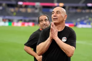 Egypt head coach Hossam Hassan reacts after winning a penalty shootout against Australia for the World Cup round of 32 soccer match in Arlington, Texas, near Dallas, Friday, July 3, 2026. (AP Photo/Tony Gutierrez) Egypt head coach Hossam Hassan reacts after winning a penalty shootout against Australia for the World Cup round of 32 soccer match in Arlington, Texas, near Dallas, Friday, July 3, 2026. (AP Photo/Tony Gutierrez)