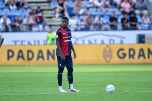 Cagliari’s Yael Fritz Junior Trepy in action during the Coppa Italia Frecciarossa soccer match between Cagliari Calcio and Arezzo at the Unipol Domus in Cagliari, Sardinia –  Friday 14th august 2026. Sport – Soccer (Photo by Gianluca Zuddas/Lapresse)