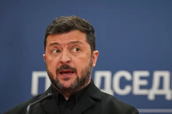 Ukraine’s President Volodymyr Zelenskyy speaks during a press conference with his Serbian counterpart Aleksandar Vucic at the Serbia Palace, in Belgrade, Serbia, Saturday, Aug. 8, 2026. (AP Photo/Darko Vojinovic) Ukraine’s President Volodymyr Zelenskyy speaks during a press conference with his Serbian counterpart Aleksandar Vucic at the Serbia Palace, in Belgrade, Serbia, Saturday, Aug. 8, 2026. (AP Photo/Darko Vojinovic)