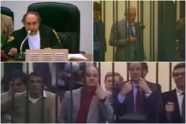 Maxiprocesso Palermo: in alto da sinistra il giudice Alfonso Giordano e Michele Greco detto il papa. Sotto affiliati di Cosa Nostra