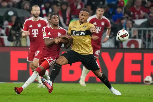 Bayern’s Michael Olise, centre left, and Stuttgart’s Jamie Leweling challenge for the ball during the Bundesliga soccer match between Bayern Munich and VfB Stuttgart in Munich, Germany, Friday, Aug. 28, 2026. (AP Photo/Matthias Schrader) Bayern’s Michael Olise, centre left, and Stuttgart’s Jamie Leweling challenge for the ball during the Bundesliga soccer match between Bayern Munich and VfB Stuttgart in Munich, Germany, Friday, Aug. 28, 2026. (AP Photo/Matthias Schrader)