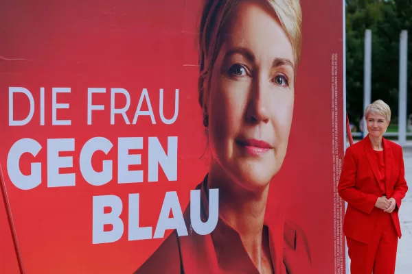 Social Democratic Party Prime Minister of Mecklenburg-Western Pomerania and the party’s top candidate for the upcoming state election Manuela Schwesig poses in front of an election campaign poster reading “The Woman Against Blue”, in Schwerin, Germany, Monday, Sept. 7, 2026. ( Jens Buettner/dpa via AP)
Associate Press/ LaPresse
Only Italy and Spain Social Democratic Party Prime Minister of Mecklenburg-Western Pomerania and the party’s top candidate for the upcoming state election Manuela Schwesig poses in front of an election campaign poster reading “The Woman Against Blue”, in Schwerin, Germany, Monday, Sept. 7, 2026. ( Jens Buettner/dpa via AP)
Associate Press/ LaPresse
Only Italy and Spain