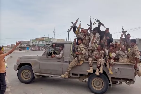 This image taken from undated video released by Al-Masirah TV, a channel owned by Yemen’s Houthi rebels, on Friday, Sept. 11, 2026, shows, according to the channel, Houthi fighters chanting atop a pickup truck in Khawkhah, Hodeida province, Yemen. (Al-Masirah TV via AP)