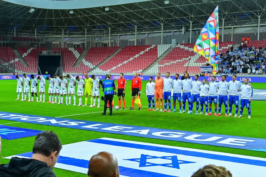 Players of Israel, right, and Ireland stand for the anthems before the UEFA Nations League soccer match between Ireland and Israel in Debrecen, Hungary, Sunday, Sept. 27, 2026. (Zsolt Czegledi/MTI via AP)