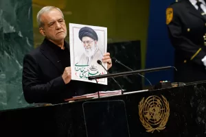 Iran’s President Masoud Pezeshkian holds an image of late Iranian Supreme Leader Ayatollah Ali Khamenei during the 81st session of the United Nations General Assembly at United Nations headquarters, Wednesday, Sept. 23, 2026. (AP Photo/Stefan Jeremiah) Iran’s President Masoud Pezeshkian holds an image of late Iranian Supreme Leader Ayatollah Ali Khamenei during the 81st session of the United Nations General Assembly at United Nations headquarters, Wednesday, Sept. 23, 2026. (AP Photo/Stefan Jeremiah)